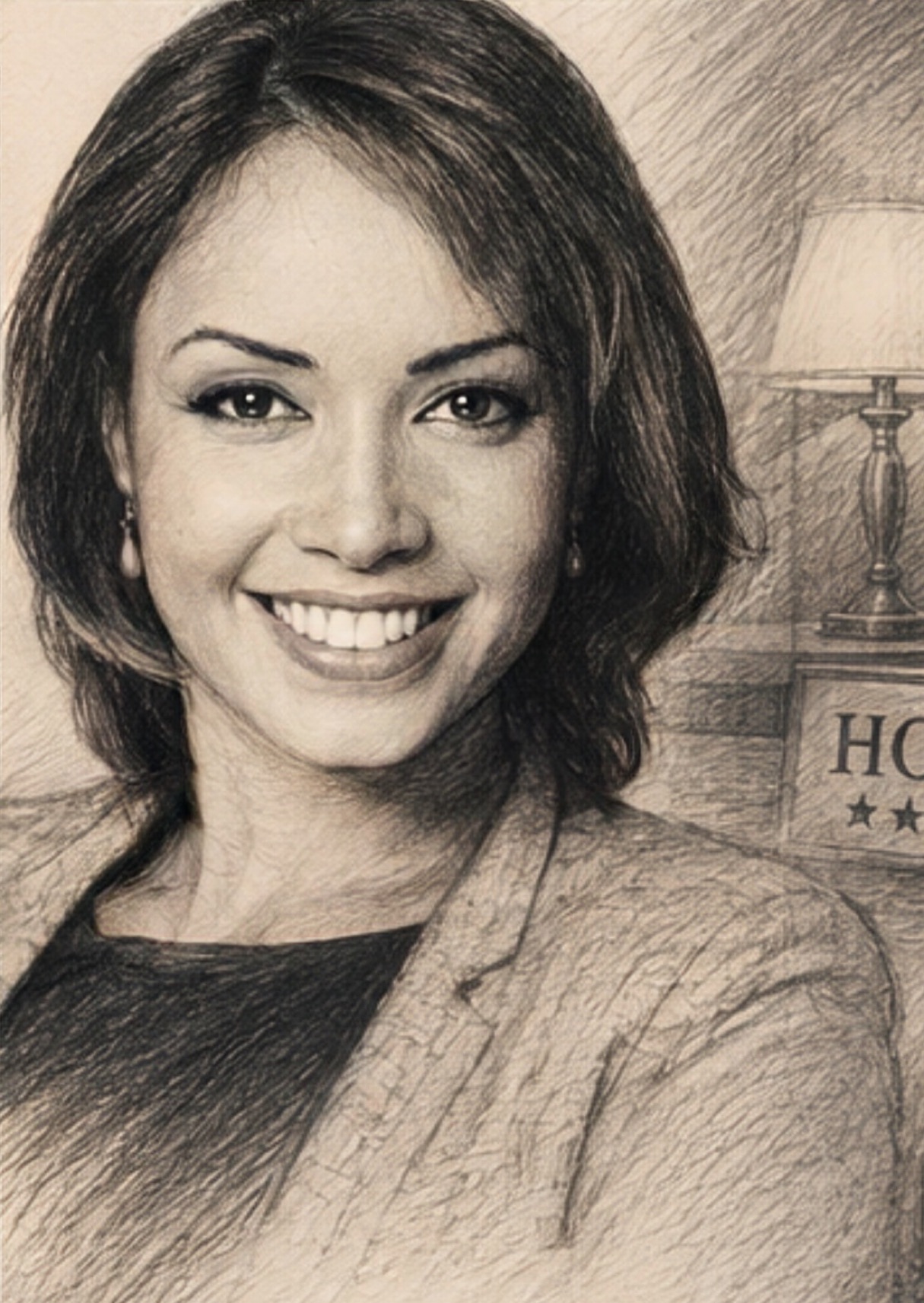 Sketched portrait — Coralie in front of a three-star hotel reception.