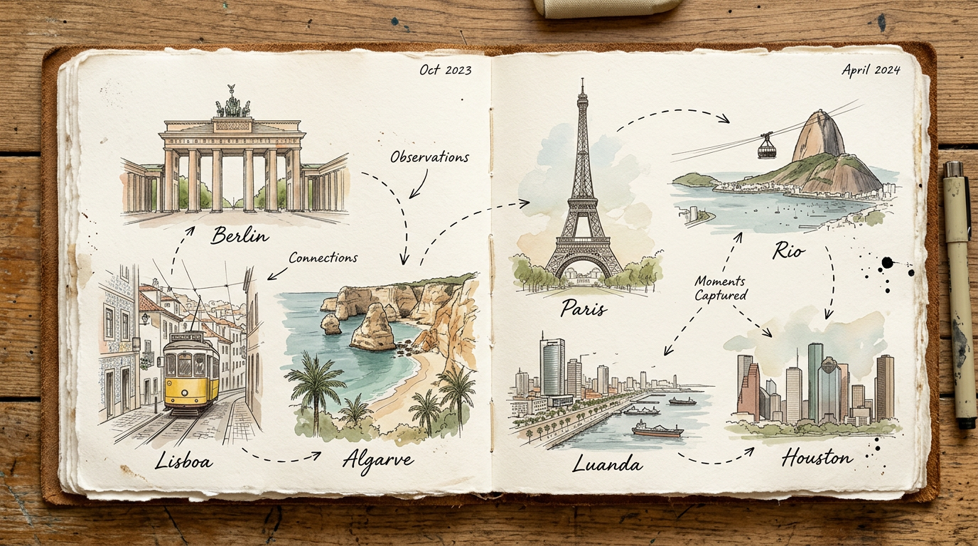 Sketchbook constellation of cities connected by handwritten arrows — Berlin, Lisbon, Algarve, Paris, Rio, Luanda, Houston.