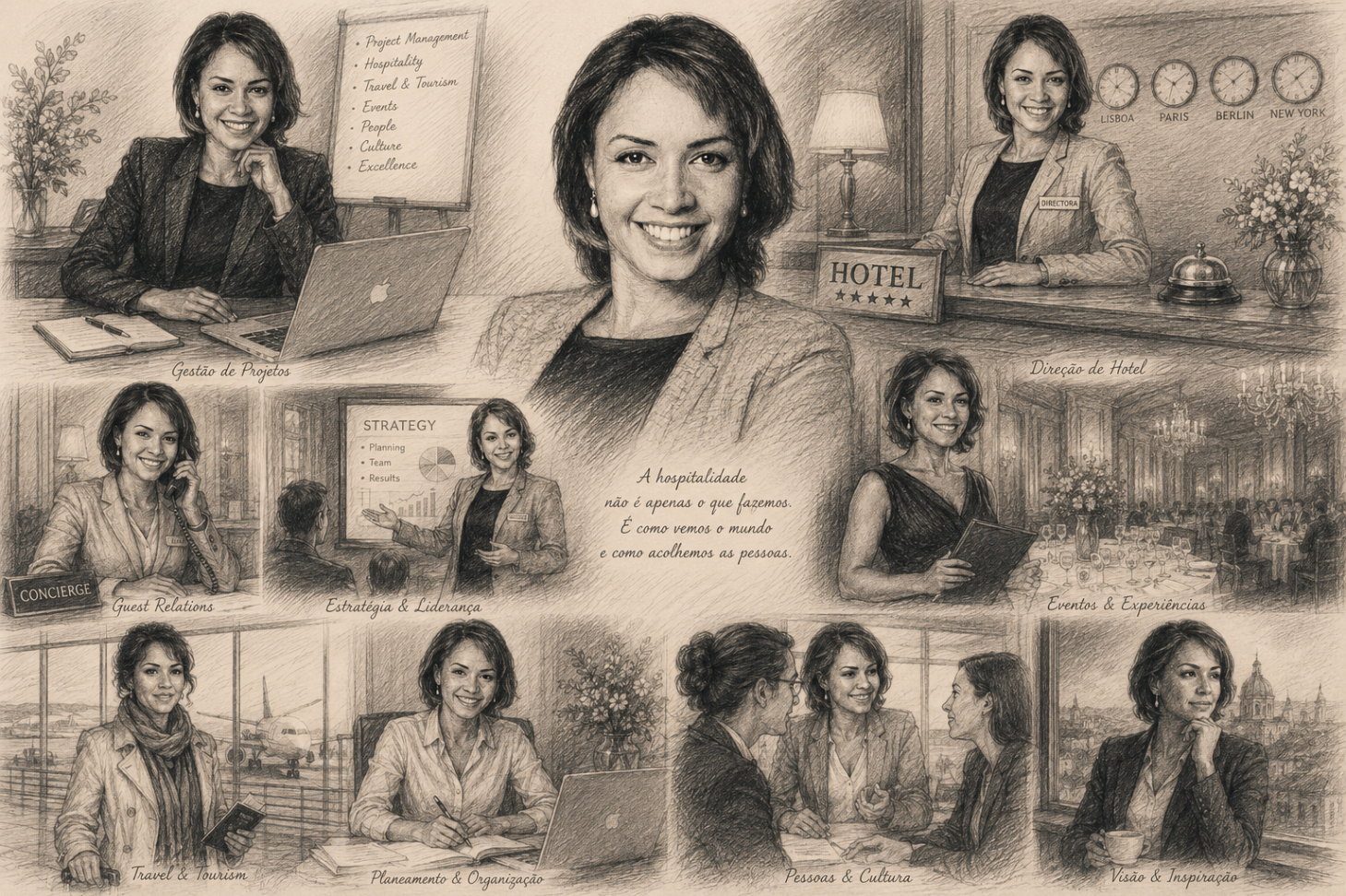 Sketched editorial collage — nine disciplines drawn as one continuous scene.