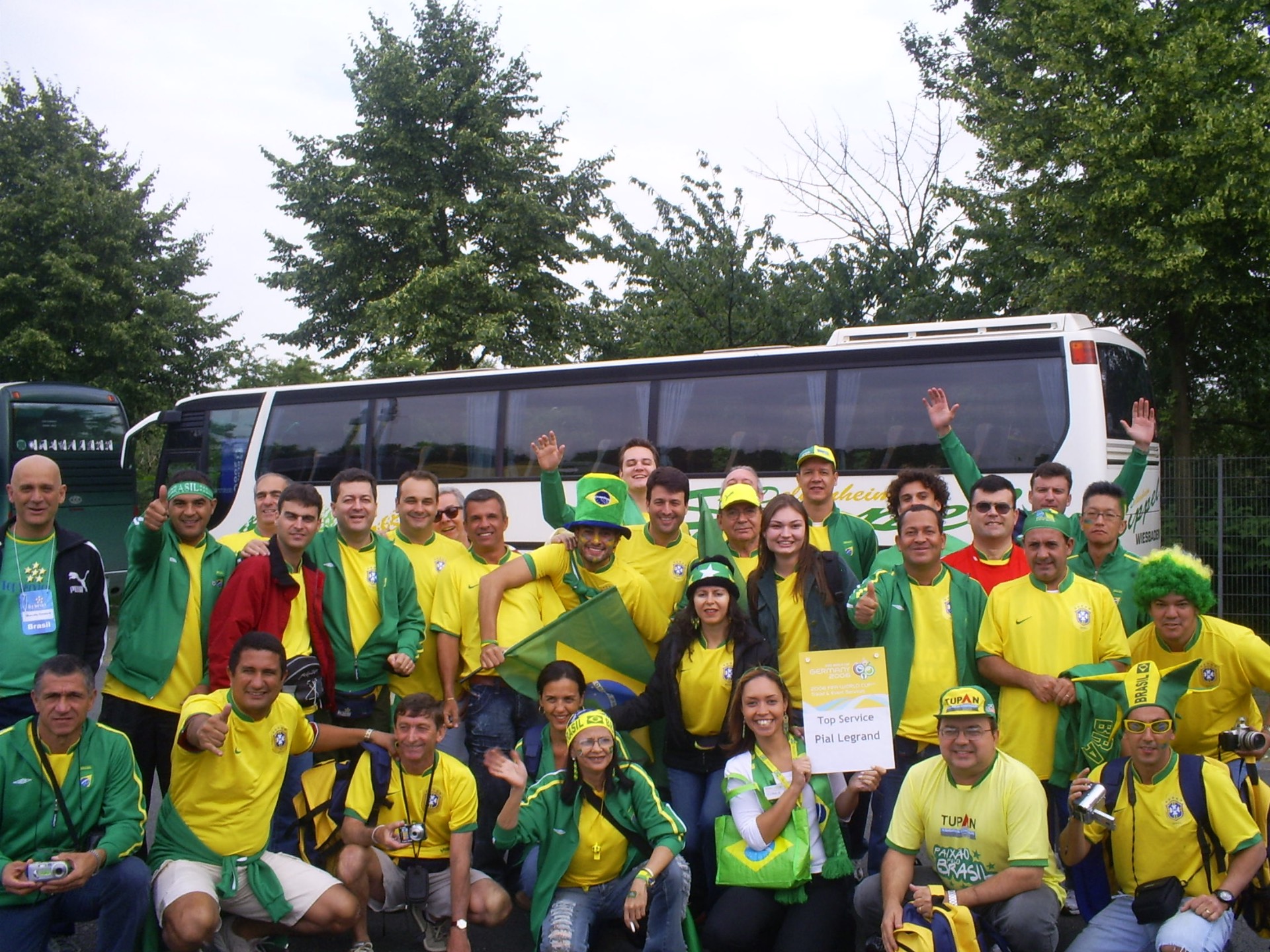 Brazilian supporters gathered in front of the team coach during the 2006 FIFA World Cup in Germany.