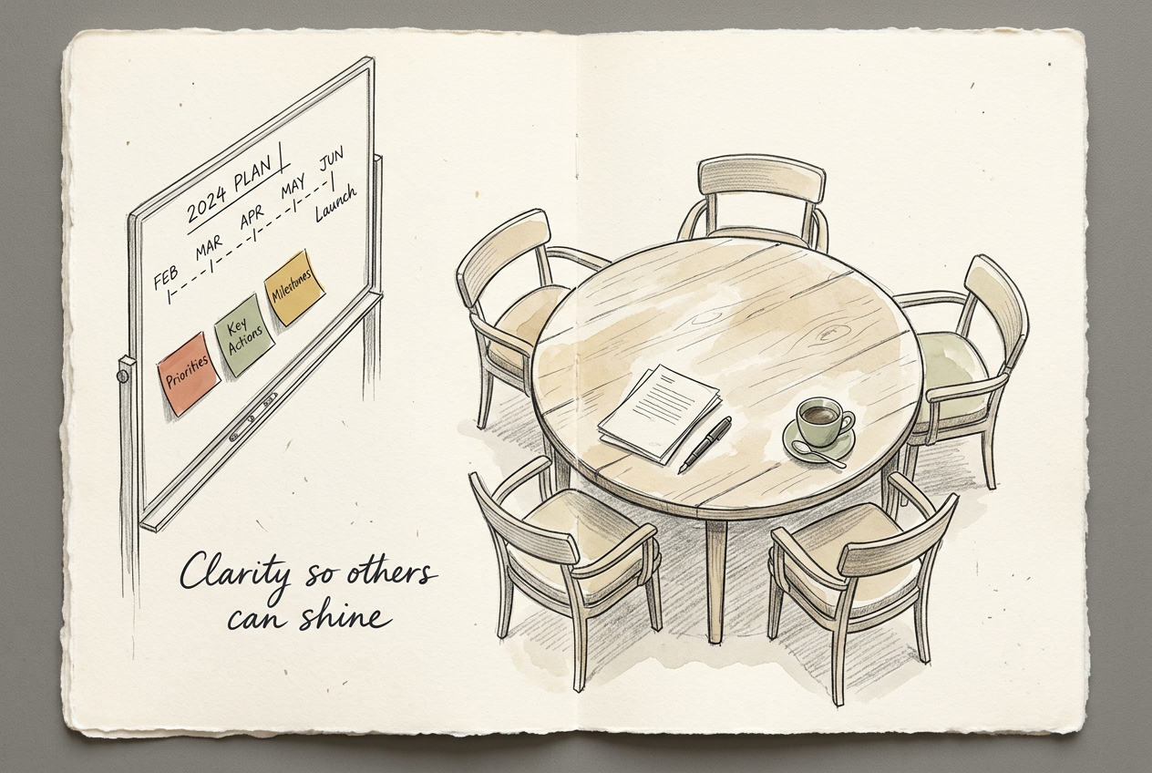 A charcoal and pencil editorial sketch — a project meeting around a table, whiteboard with a timeline and soft-coloured post-its, a multicultural team leaning in. The leader is not standing in front; she is seated among them, listening.