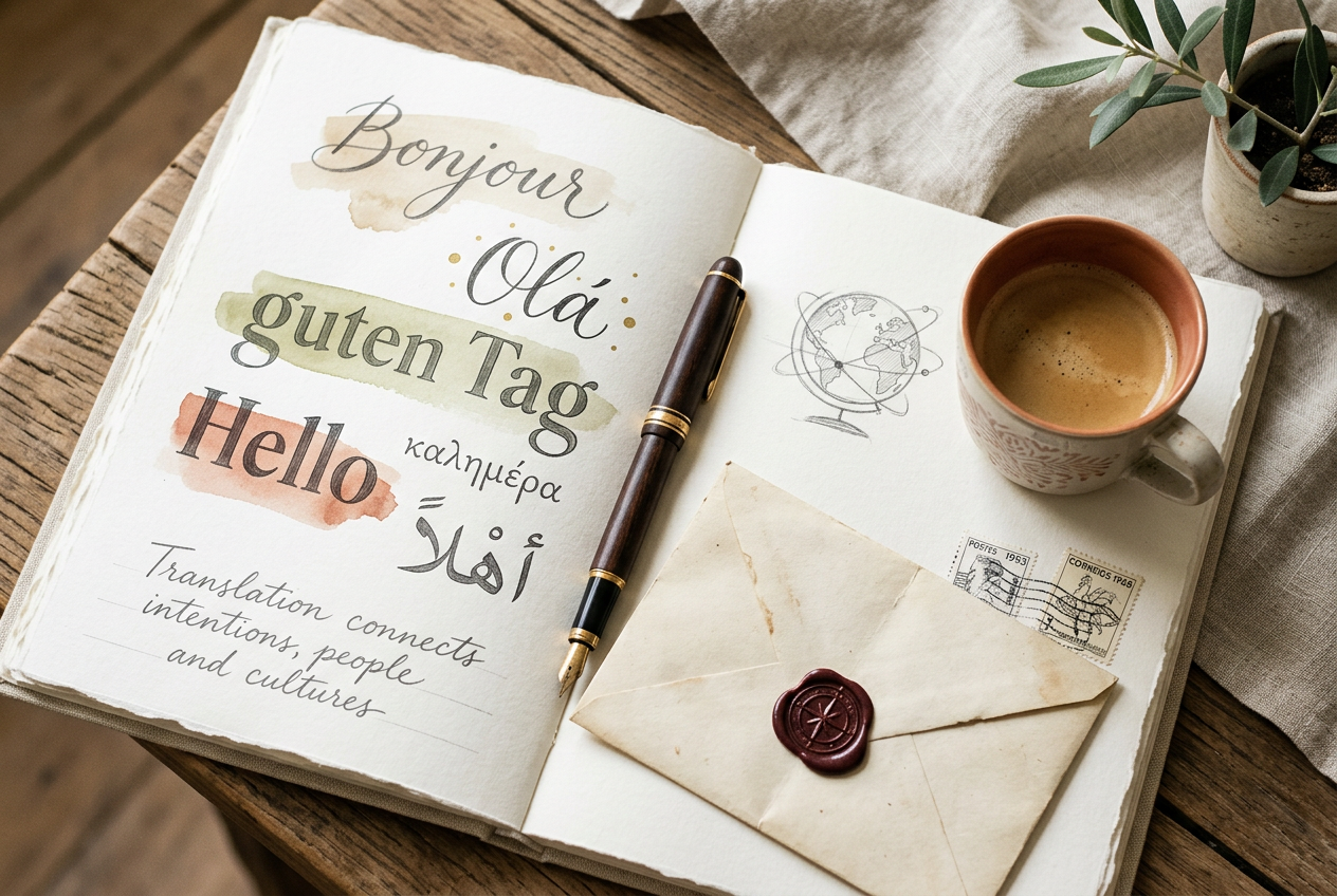 An open travel notebook — handwritten greetings in several languages and alphabets, passport, boarding pass, folded map, letter, fountain pen and a coffee cup.