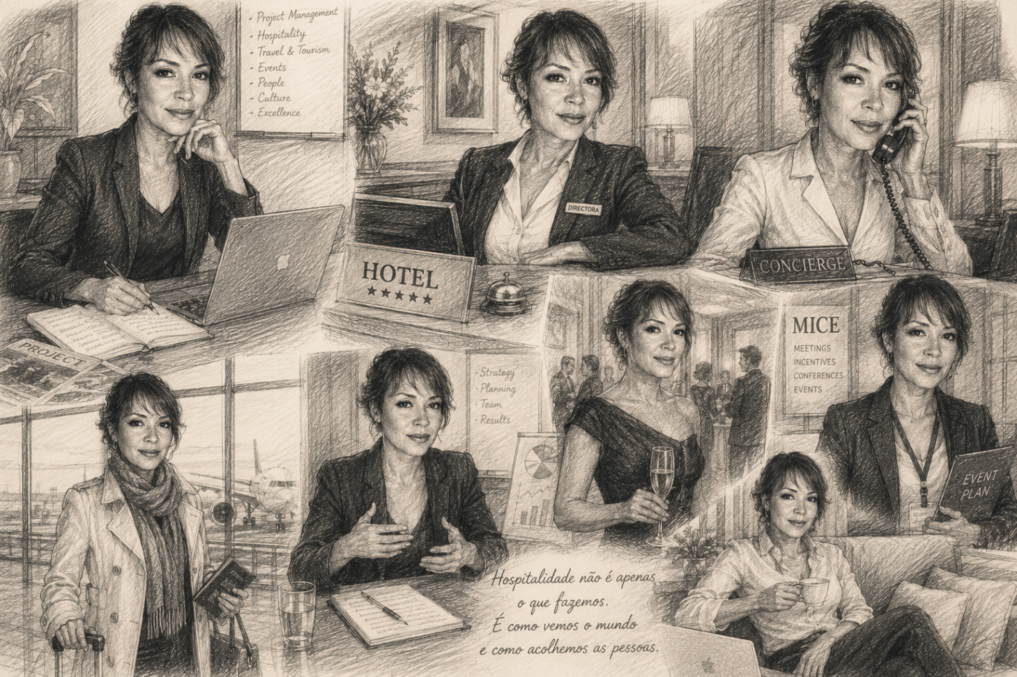 Sketched collage — project management, hospitality, tourism, events, people and culture.
