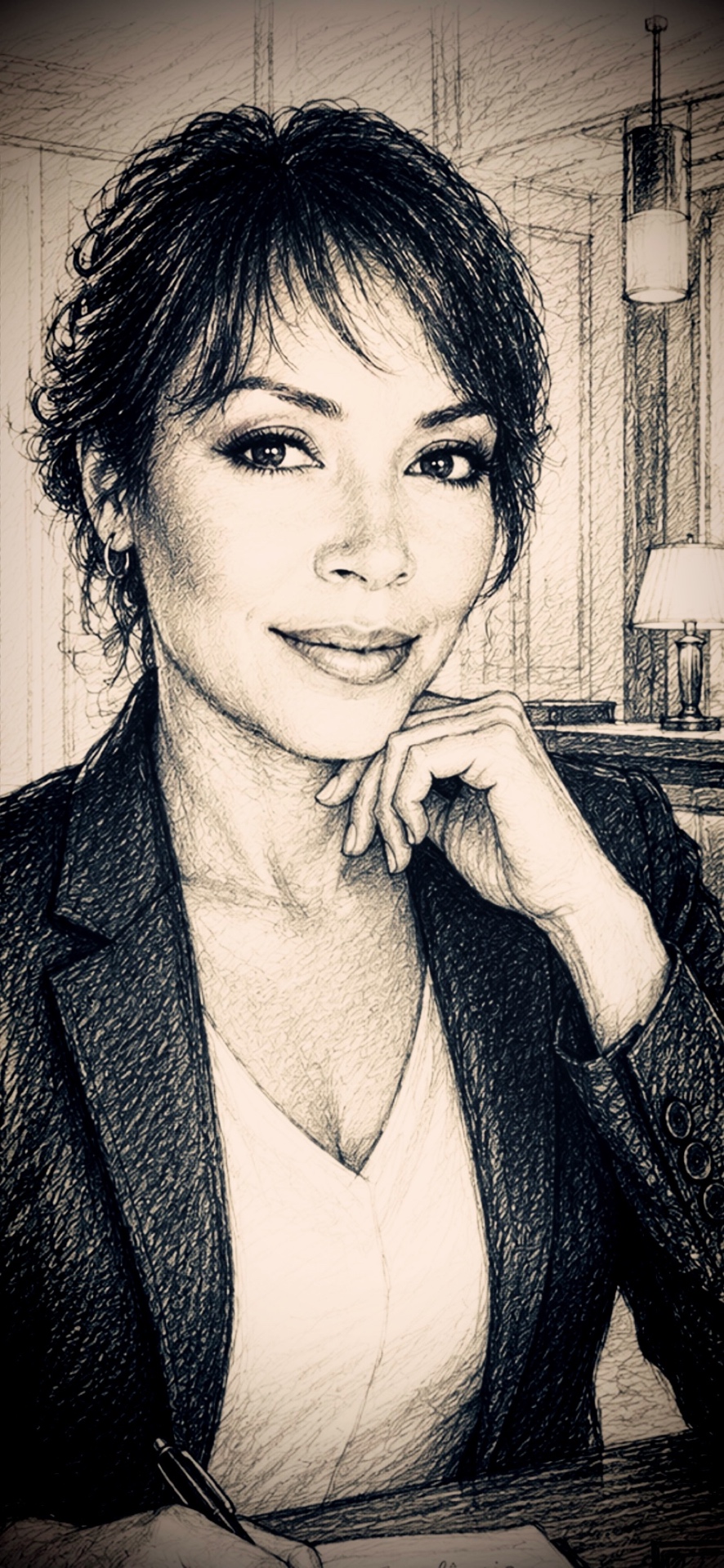 Sketched portrait — Coralie at a hotel writing desk.
