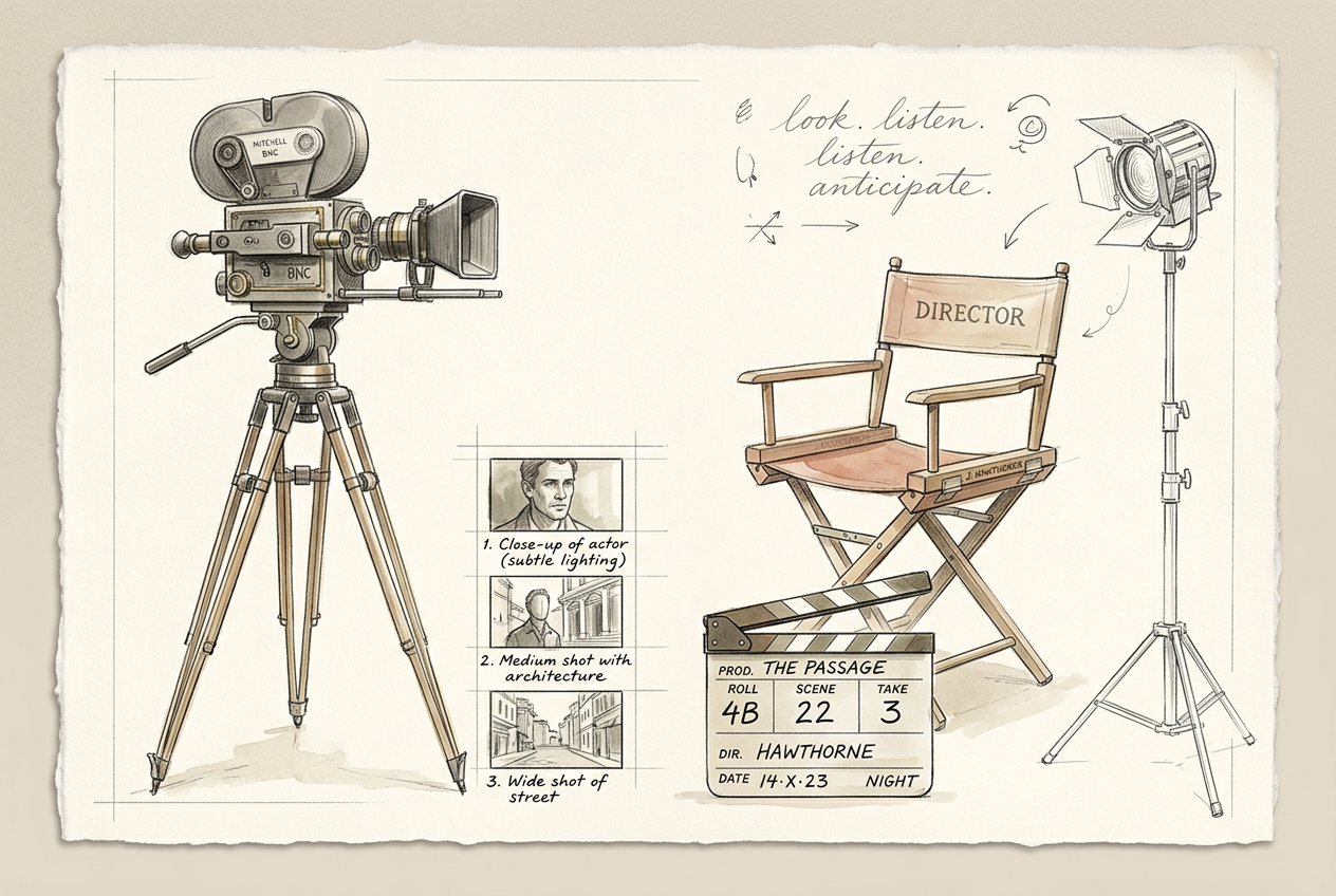Film set sketch — camera, director's chair, storyboard, clapperboard, lighting.