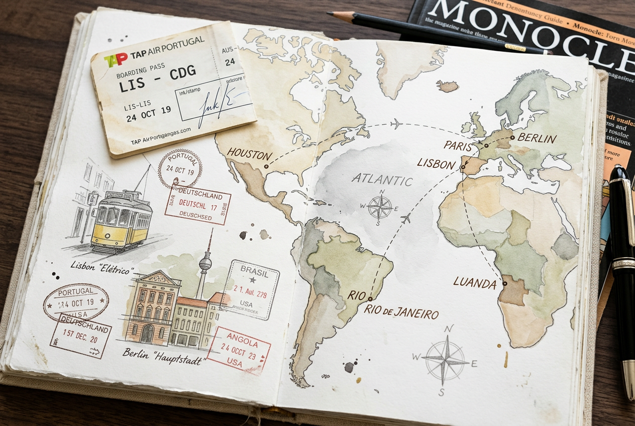 Travel notebook — maps, boarding pass, passport stamps and city sketches.