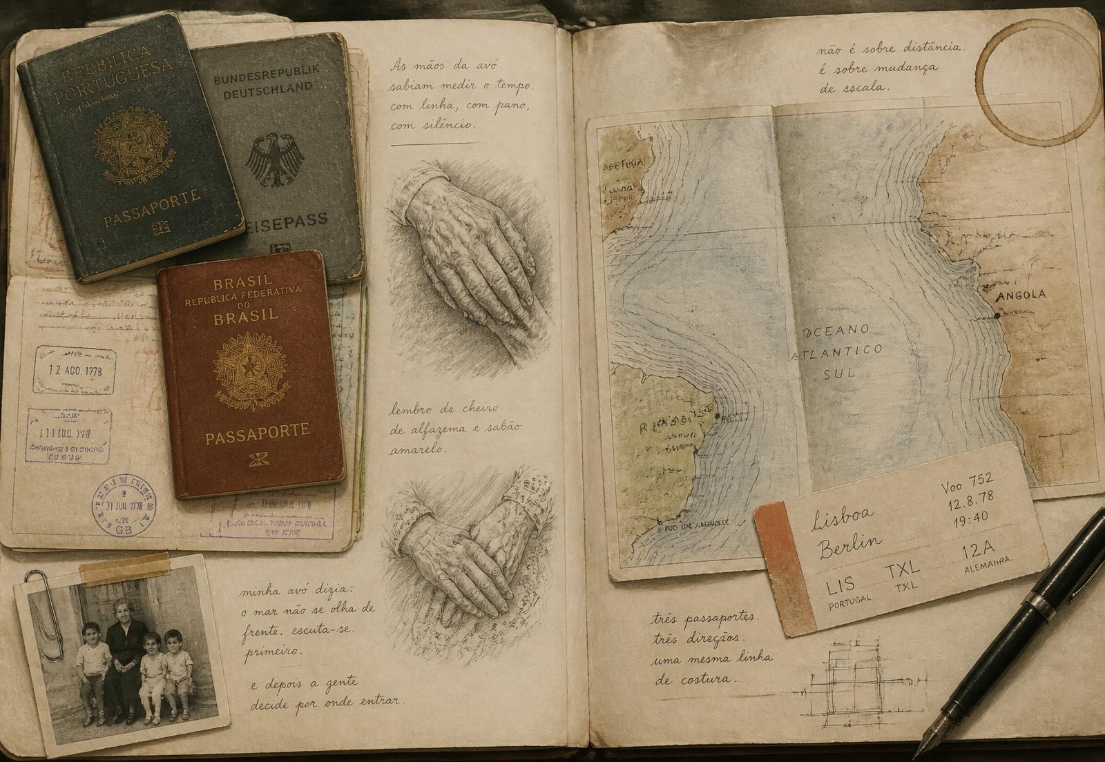 An open editorial sketchbook — old passports, a map of the South Atlantic, a Lisbon–Berlin flight ticket, a family photograph and handwritten notes.