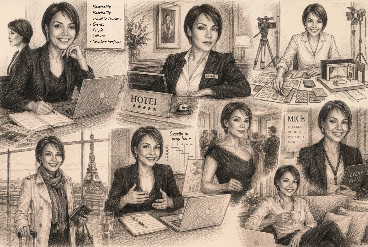 Editorial collage of Coralie across hospitality, tourism, events, film and creative work