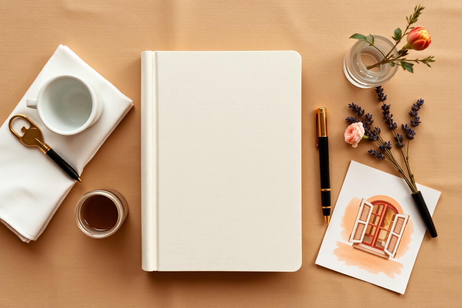 An editorial flat lay — a cream linen notebook, a brass key on a leather tag, a folded napkin, a porcelain espresso cup, a small vase, dried lavender and a watercolour of a Mediterranean window.